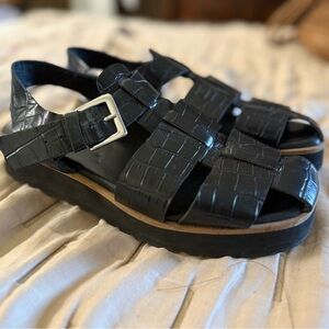 Whistles Black Croc-Embossed Platform Leather Sandals